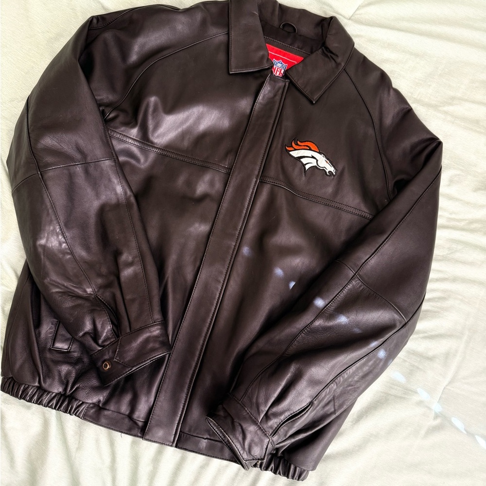 NFL Brown Leather Bomber Jacket with Logo